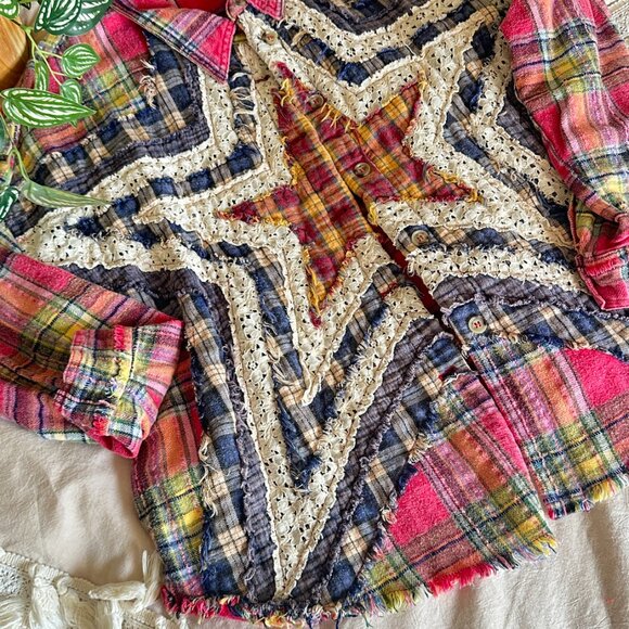 Oli & Hali Star Patchwork Jacket • Pink Plaid Mix • Size M • Boho Vintage Style - Picture 2 of 4